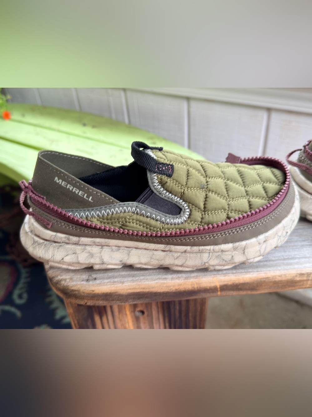 Merrell Women's Olive Quilted Slip-On with Brown Trim and Maroon Accent